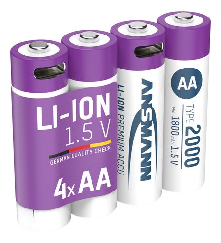 Laetav aku AA 1,5V 2000mAh (Li-Ion 3,26Wh), USB-C tippväljundvõimsusega DC 1,5V 2A (4tk pakendis) ANSMANN 1312-0036 4013674193974