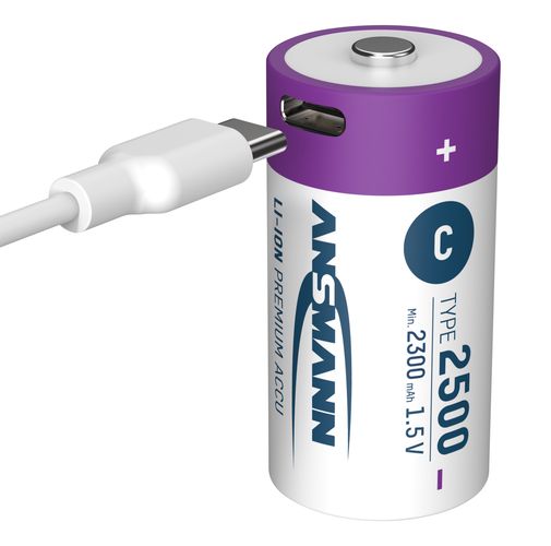 Laetav aku C 1,5 V 2500 mAh (Li-Ion 4,07 Wh), USB-C tippväljundvõimsusega DC 1,5 V 2,5 A (2tk kast) ANSMANN 1313-0004 4013674193981