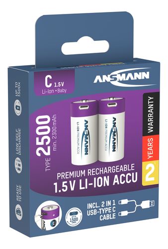 Laetav aku C 1,5 V 2500 mAh (Li-Ion 4,07 Wh), USB-C tippväljundvõimsusega DC 1,5 V 2,5 A (2tk kast) ANSMANN 1313-0004 4013674193981