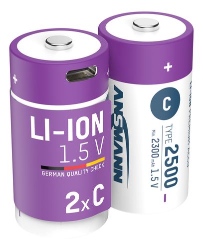 Laetav aku C 1,5 V 2500 mAh (Li-Ion 4,07 Wh), USB-C tippväljundvõimsusega DC 1,5 V 2,5 A (2tk kast) ANSMANN 1313-0004 4013674193981