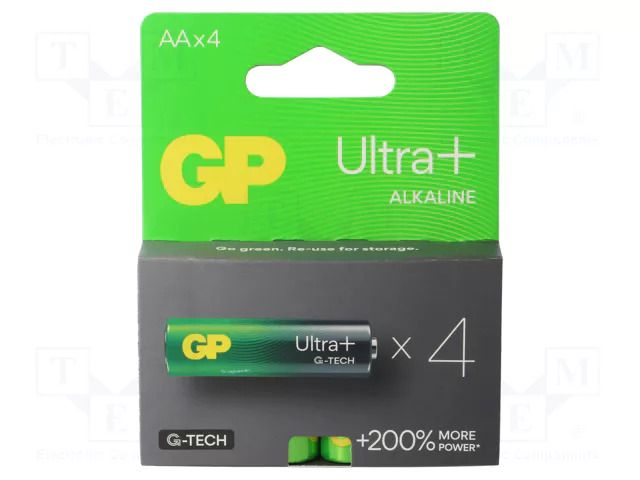 Battery: alkaline; AA; 1.5V; non-rechargeable; 4pcs. GP BAT-LR06UPGTECHB4