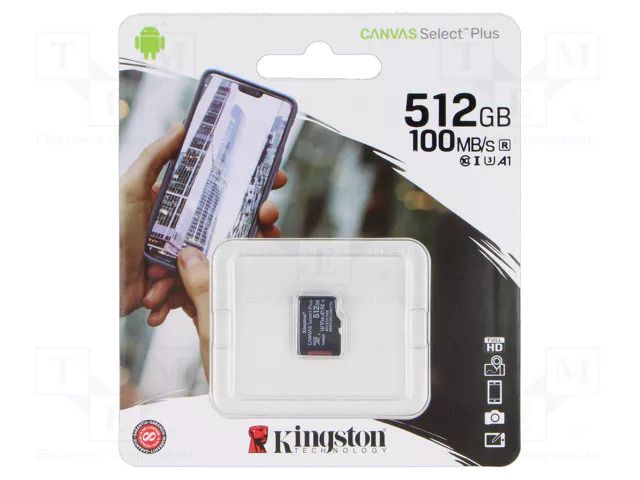 Memory card; microSD; R: 100MB/s; W: 80MB/s; Class 10 UHS I U3 KINGSTON TECHNOLOGY SDCS2/512GBSP
