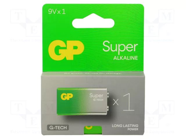 Battery: alkaline; 6F22; 9V; non-rechargeable; 26.1x17.1x48.5mm GP BAT-6LR61SGTECHGP