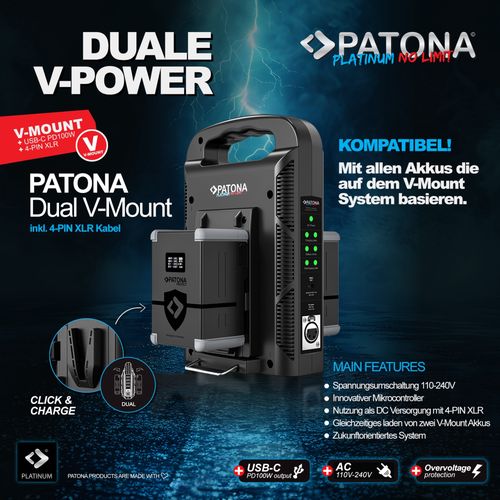 PATONA Platinum 2-channel charger for V-mount batteries 6A*2 USB-C:PD100W out incl. 4-pin XLR cable, PATONA 1726 4055655239561