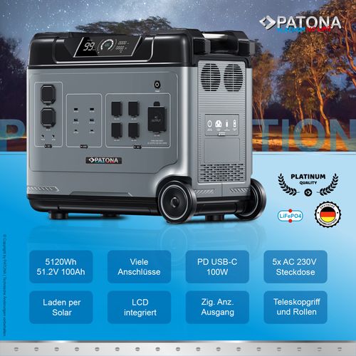  PATONA Platinum Powerstation Autarc 5000 Pro / 5120Wh PD100W USB-C USB-A QC AC DC / LiFePO4, PATONA 9973 4055655237871