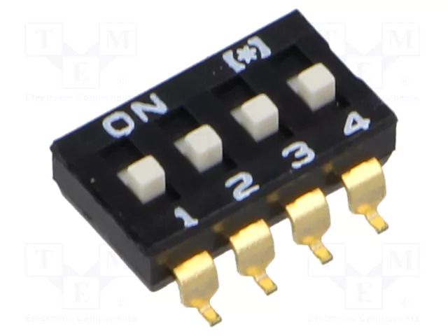 Switch: DIP-SWITCH; Poles number: 4; OFF-ON; 0.025A/24VDC; Pos: 2 CONNFLY DS1040-01-04SBWB