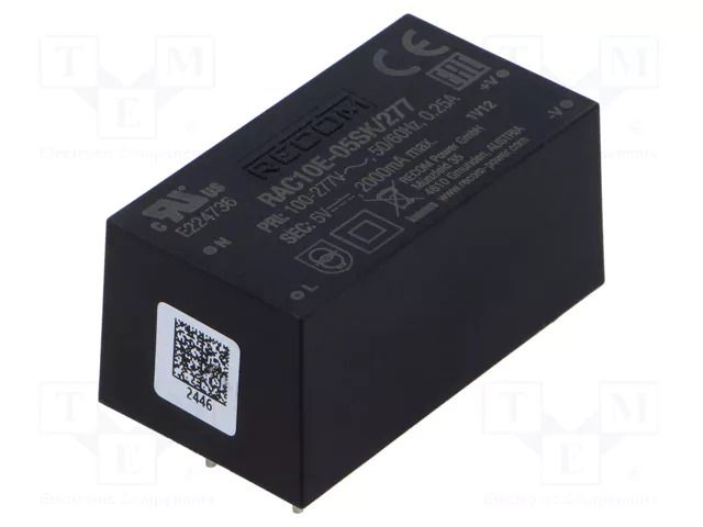 Converter: AC/DC; 10W; Uin: 85÷305VAC; 5VDC; Iout: 2000mA; 80%; PCB RECOM RAC10E-05SK/277