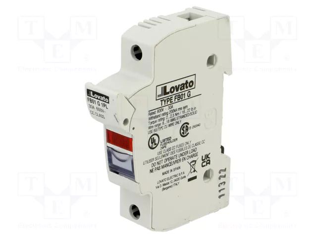 Fuse base; 10x38mm; for DIN rail mounting; 30A; 600VAC; Poles: 1 LOVATO ELECTRIC FB01G1PL