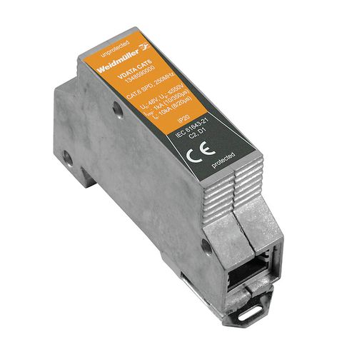 Surge voltage arrester (data networks/MCR-technology), Cat.6, 802.3 at Type 1, 802.3 at Type 2, 802.3 bt Type 3, binary, Number of signals: 4, AC/DC, Weidmuller 1348590000 04050118153002