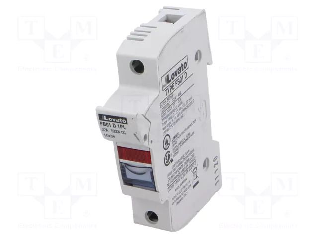 Fuse base; 10x38mm; for DIN rail mounting; 32A; Poles: 1; 1kVDC LOVATO ELECTRIC FB01D1PL