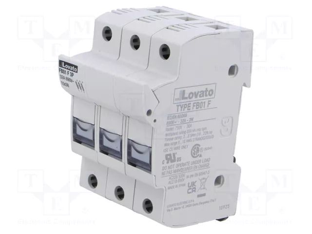 Fuse base; 10x38mm; for DIN rail mounting; 32A; 690VAC; Poles: 3 LOVATO ELECTRIC FB01F3P