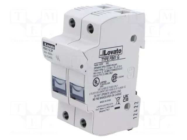 Fuse base; 10x38mm; for DIN rail mounting; 30A; 600VAC; Poles: 2 LOVATO ELECTRIC FB01G2P