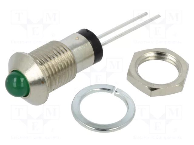Indicator: LED; prominent; green; 2.1VDC; Ø8mm; MPC; metal; ØLED: 5mm BIVAR MPC5GD