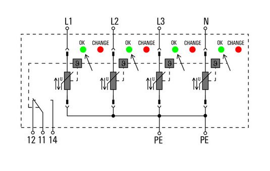 Ограничитель перенапряжения, низковольтный, с дистанционным контактом, TN-C-S, TN-S VPU I 4 R 280V/12,5KA 1352190000 4050118158069
