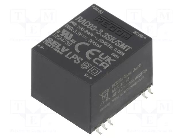 Converter: AC/DC; 3W; Uin: 85÷264VAC,120÷370VDC; Uout: 3.3VDC; 69% RECOM RAC03-3.3SK/SMT-R
