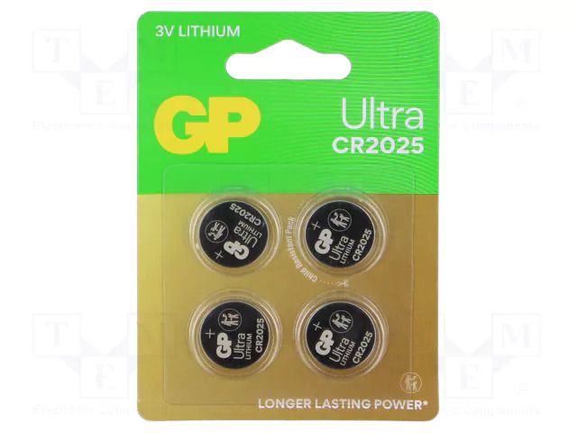 Battery: lithium; CR2025,coin; 3V; 145mAh; non-rechargeable; 4pcs. GP BAT-CR2025/GPUL-B4