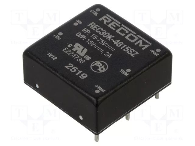 Converter: DC/DC; 30W; Uin: 36÷75VDC; Uout: 15VDC; Iout: 2A; 1"x1" RECOM REC30K-4815SZ