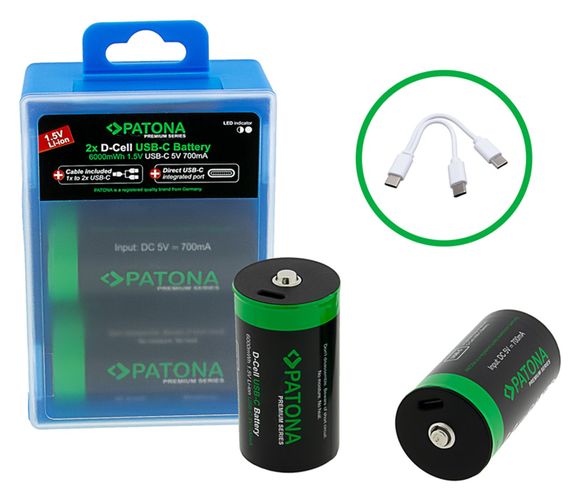 PATONA Premium USB-C 2x LR20 Mono D batteries Lithium 6000mWh 1.5V rechargeable with 1 to 2 USB-C charging cable, PATONA 1412 4055655239776