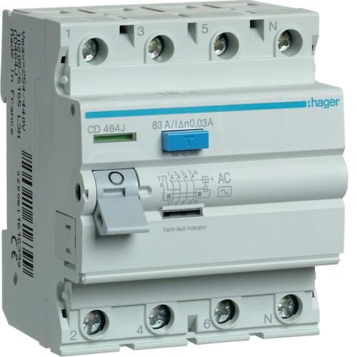 Current drain relay Hager CD464J (AC, 63A, 4P, 30mA, 400V) HCD464J