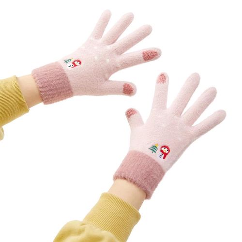 Women's winter telephone gloves with a snowman and a Christmas tree - pink, Hurtel 5907769307874 5907769307874