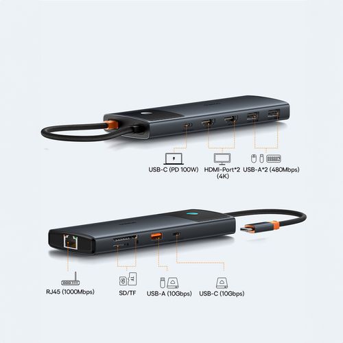 HUB 10in1 Baseus Metal Gleam Series USB-C to USB-C PD / USB-C / 3x USB-A / 2x HDMI / RJ-45 / SD / TF - black, Baseus 6932172643317 6932172643317