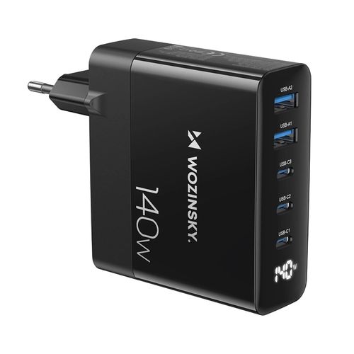 GaN Wozinsky CGWCB 140W Wall Charger 3 x USB-C / 2 x USB-A - Black, Wozinsky 5907769308635 5907769308635