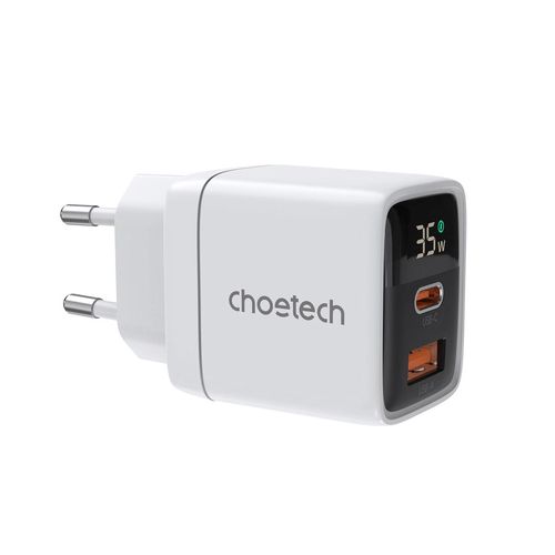 Choetech PD6052 USB-C USB-A PD 35W GaN wall charger with display - white, Choetech 6932112106162 6932112106162