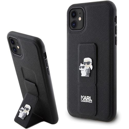 Karl Lagerfeld Gripstand Saffiano Karl&amp;Choupette Pins case for iPhone 11 / Xr - black, Karl Lagerfeld 3666339206772 3666339206772