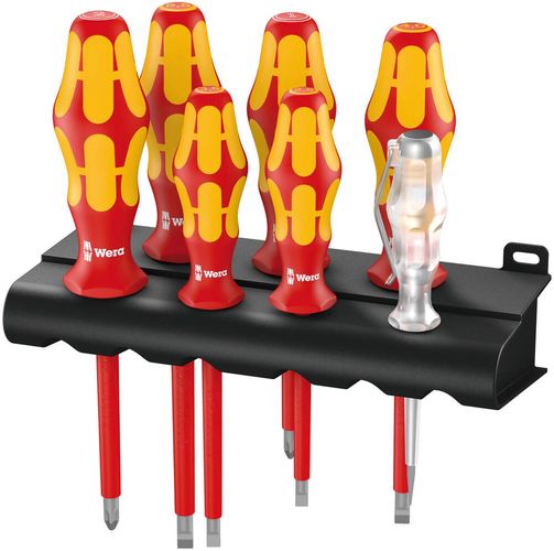 160 i/7 Rack Screwdriver set Kraftform Plus Series 100, single-pole phase tester and rack, 1 x PH 1x80; 1 x PH 2x100; 1 x 0.4x2.5x80; 1 x 0.6x3.5x100; 1 x 0.8x4.0x100; 1 x 1.0x5.5x125; 1 x 0.5x3.0x70, Wera 05006147001