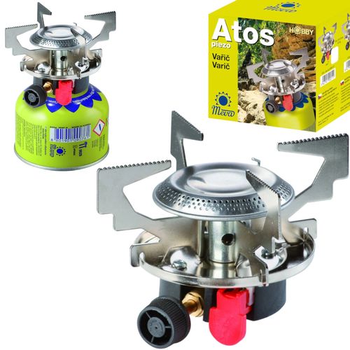 Gas camping stove with gas cartridges (thread or valve) ATOS piezo igniter 1.8kW, Meva UKP06011P UKP06011P
