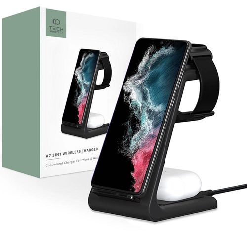 Tech-Protect A7 10W inductive charger in the form of a 3-in-1 stand for smartphone / headphones / smartwatch - black, Tech-Protect 5906302305261 5906302305261