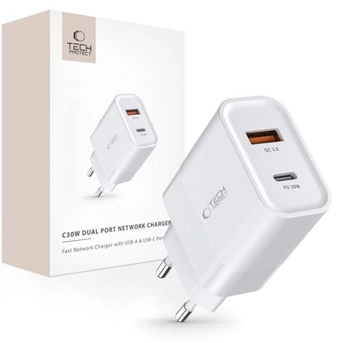 Tech-Protect C30W charger USB-C PD 30W / USB-A QC 3.0 - white, Tech-Protect 5906302305223 5906302305223