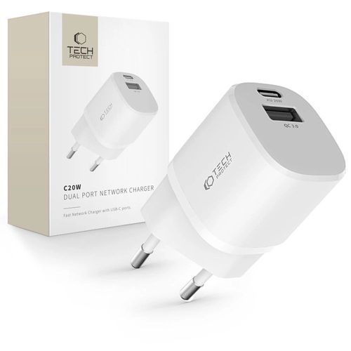 Tech-Protect C20W charger mini USB-C PD 20W / USB-A QC 3.0 - white, Tech-Protect 5906203696499 5906203696499