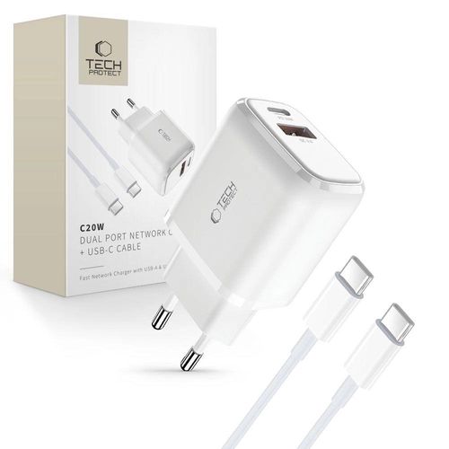 Tech-Protect C20W USB-C PD 20W / USB-A QC 3.0 charger with USB-C / USB-C cable - white, Tech-Protect 5906203697663 5906203697663