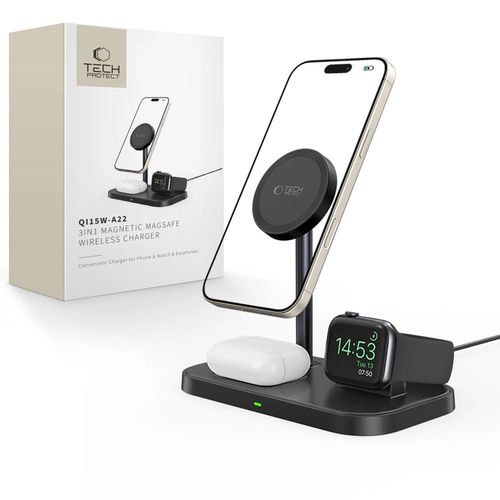 Tech-Protect QI15W-A22 MagSafe Inductive Charger with 3in1 MagSafe Stand for Smartphone / Apple Watch / AirPods - Black, Tech-Protect 5906203697960 5906203697960