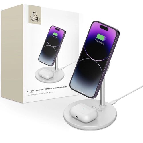 Tech-Protect QI15W-A21 MagSafe 15W inductive charger with 2in1 smartphone/headphone stand - white, Tech-Protect 5906203698035 5906203698035