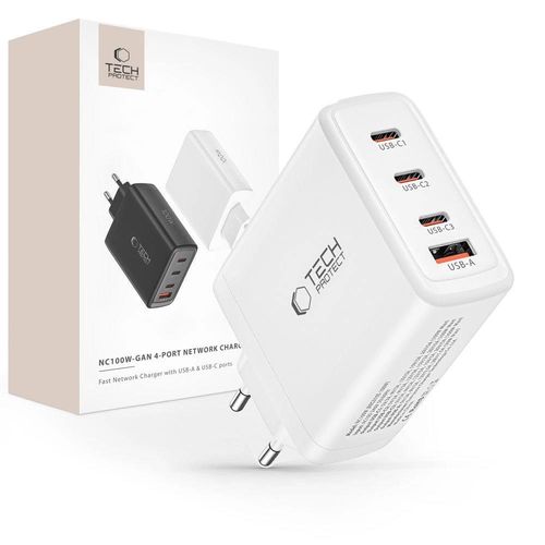 Tech-Protect NC100W-GAN charger GaN 3x USB-C PD 100W / USB-A QC 3.0 - white, Tech-Protect 5906302300631 5906302300631