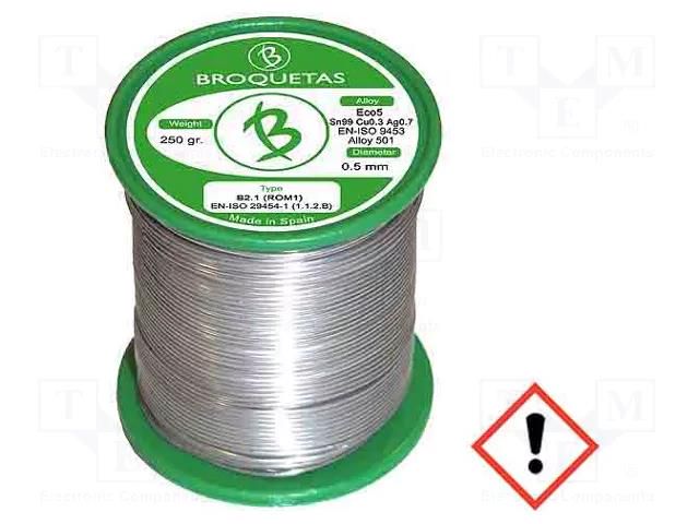 Tin; lead free; Sn99Ag0,3Cu0,7; 0.5mm; 0.25kg; reel; 217÷227°C BROQUETAS ECO5-05/025H