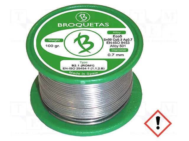 Tin; lead free; Sn99Ag0,3Cu0,7; 0.7mm; 0.1kg; reel; 217÷227°C BROQUETAS ECO5-07/01H