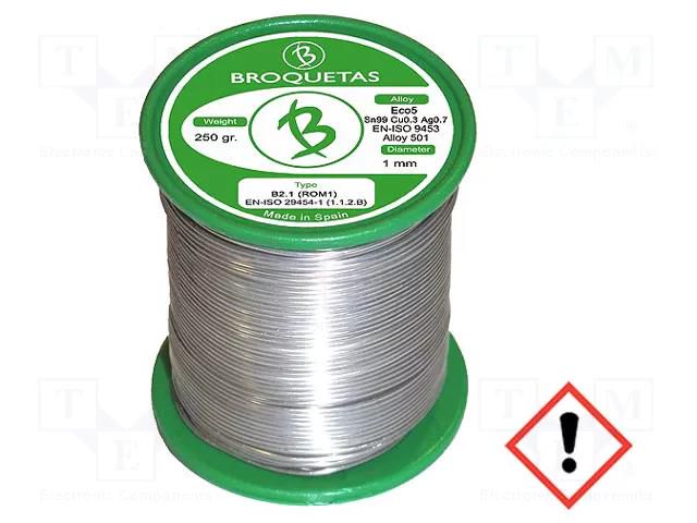 Tin; lead free; Sn99Ag0,3Cu0,7; 1mm; 0.25kg; reel; 217÷227°C BROQUETAS ECO5-10/025H