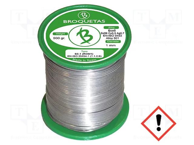 Tin; lead free; Sn99Ag0,3Cu0,7; 1mm; 0.5kg; reel; 217÷227°C BROQUETAS ECO5-10/05H