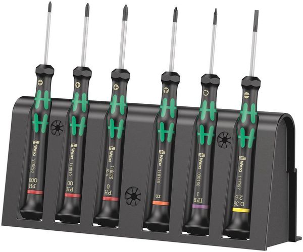 2050/6 Screwdriver set and rack for electronic applications, 1 x PH 000x40; 1 x PH 00x40; 1 x PH 0x40; 1 x 1 IPRx40; 1 x mx40; 1 x 0.35x2.5x40, Wera 05030181001