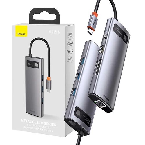 Hub 8in1 Baseus Metal Gleam Series, USB-C to 3x USB 3.0 + HDMI + USB-C PD + Ethernet RJ45 + microSD/SD, Baseus CAHUB-CV0G