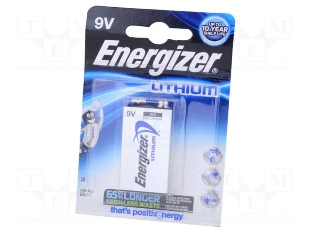 Battery: lithium; 6F22; 9V; non-rechargeable; 17.5x26.5x49.2mm ENERGIZER BAT-6F22/EG