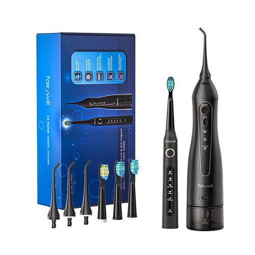 Sonic toothbrush with tip set and FairyWill FW-507+FW-5020E irrigator (black), FairyWill FW-5020E+FW-507