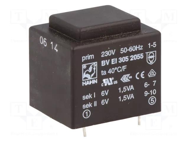 Transformer: encapsulated; 3VA; 230VAC; 6V; 6V; 250mA; 250mA; PCB HAHN BVEI3052055