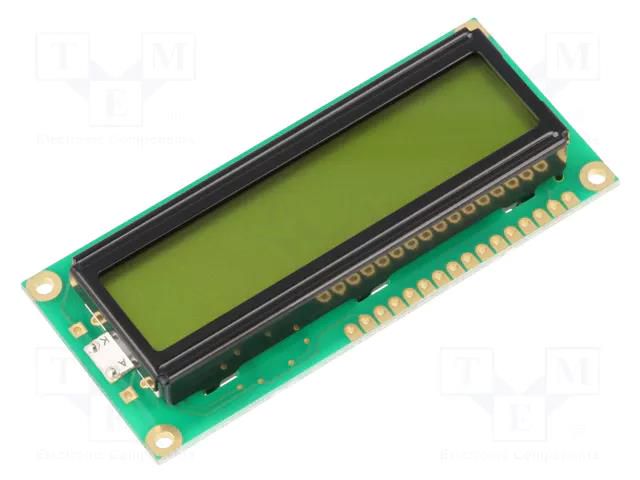 Display: LCD; alphanumeric; STN Positive; 16x1; yellow-green; LED RAYSTAR OPTRONICS RC1601A-YHY-JSX