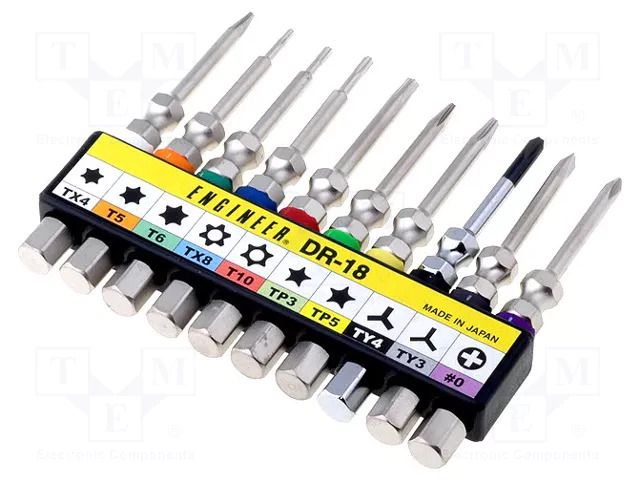 Kit: screwdriver bits; Holder: C6,3mm; 1/4"; 10pcs. ENGINEER FUT.DR-18