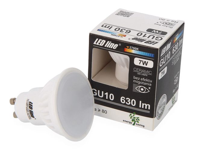 LED лампа GU10, 7W, 170-250V, 630lm, 2700k теплый белый, керамическая, LED line 247613 5901583247613