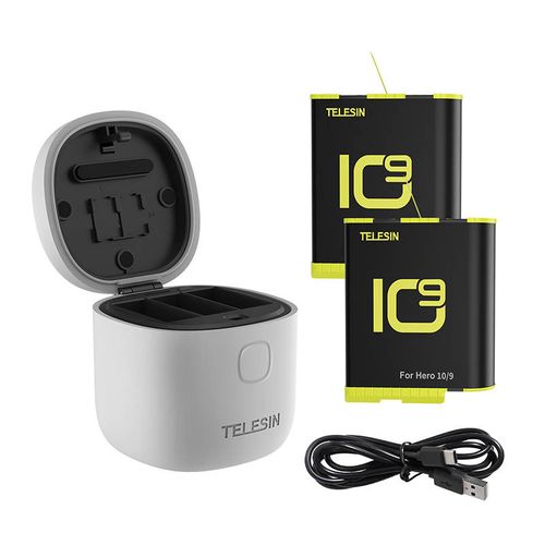 3-slot waterproof charger Allin box Telesin for GoPro Hero 9 / Hero 10 + 2 batteries (GP-BTR-905-GY-B), Telesin GP-BTR-905-GY-B